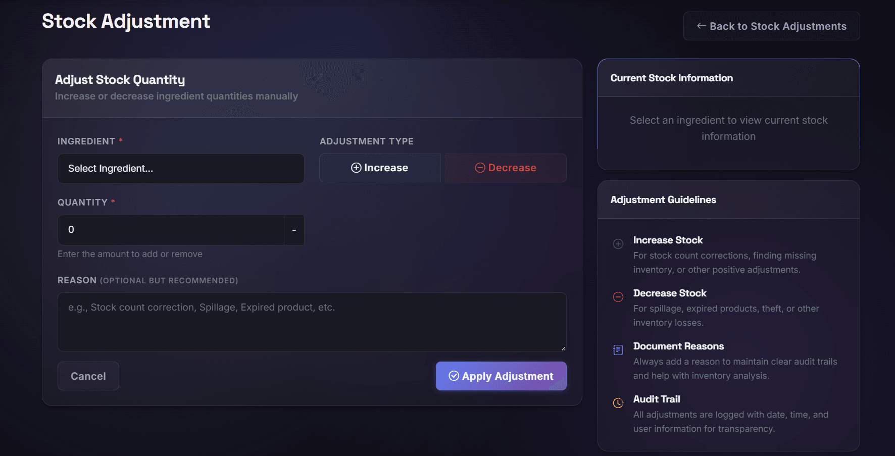 Stock Adjustment Dashboard - Manage inventory with increase/decrease controls